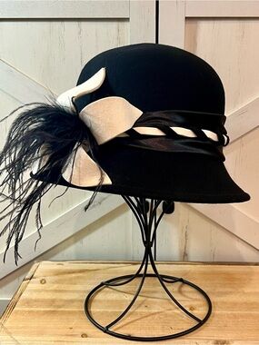 Vintage Fine Millinery Black Church Hat by August Accessories 100% Wool Feather